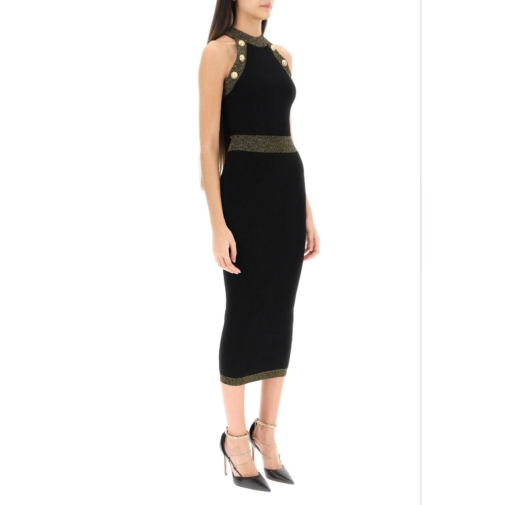 Black Knit Halter Dress With Gold Buttons And Metallic Lurex Trims - Picture 10 of 11